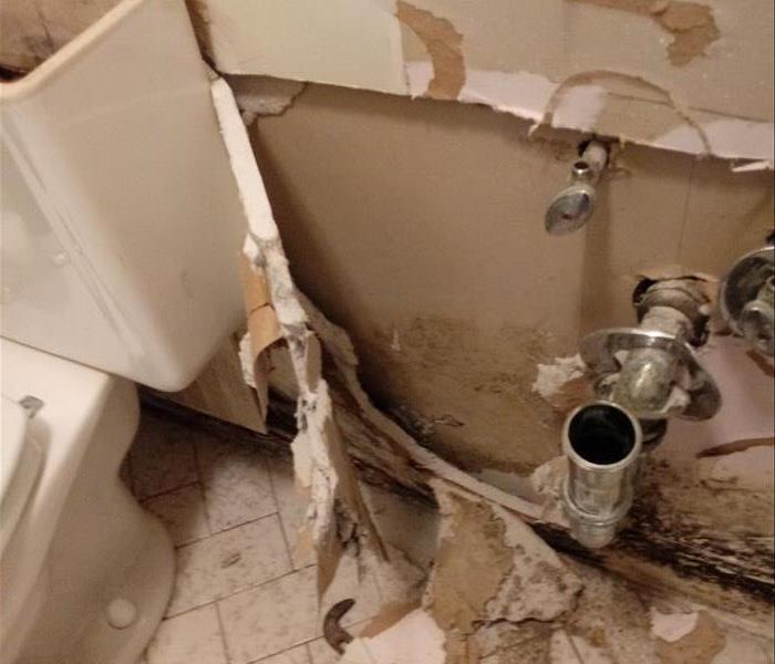 exposed drain pipe from a sink in the bathroom with wall water damaged